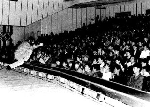 David  speaking to a group in Ulan Bator, the capital of Mongolia, after one of the concerts in 1991